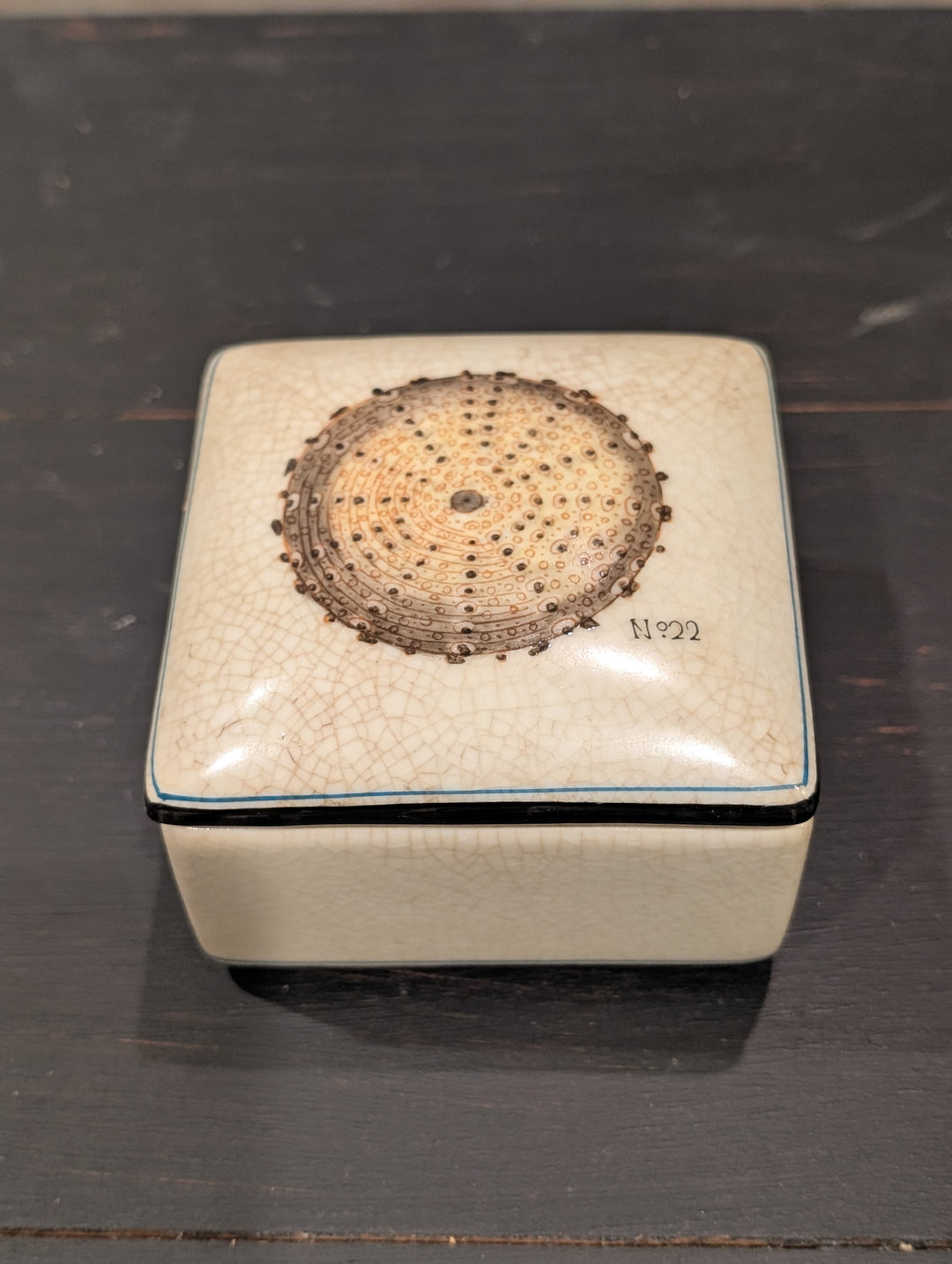 Top view of HomArt porcelain box lid with sea urchin shell marked No. 22