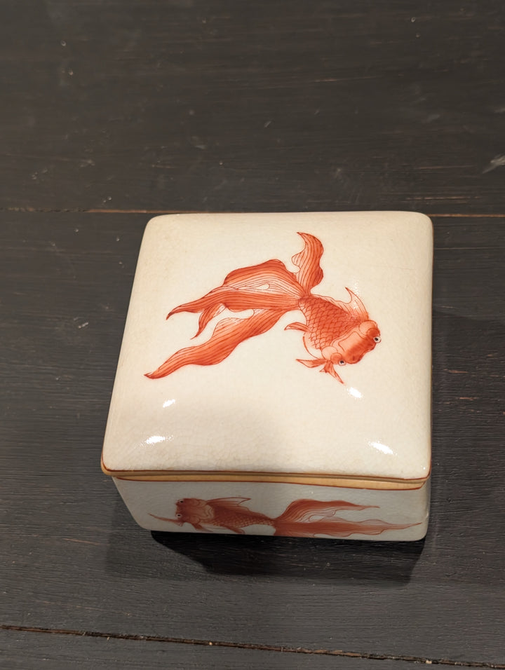 Top view of HomArt porcelain box lid with hand-painted orange fantail goldfish
