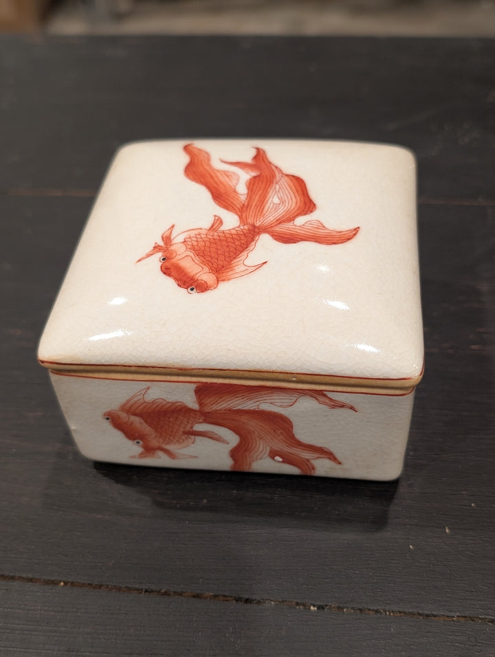 Hand-painted fantail goldfish on the lid of a HomArt porcelain keepsake box