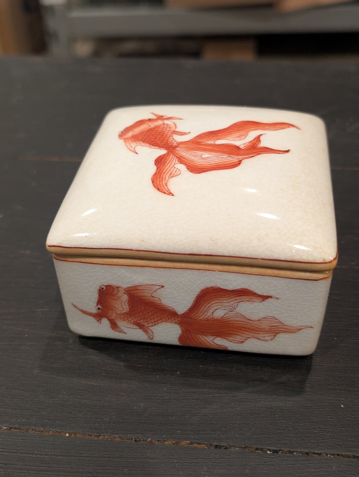 HomArt goldfish porcelain box with orange-red fantail goldfish on crackled ivory glaze