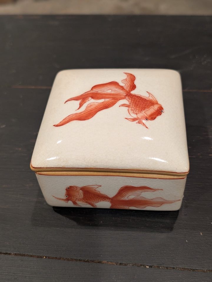 HomArt square porcelain keepsake box with goldfish motif and gold-tone rim band