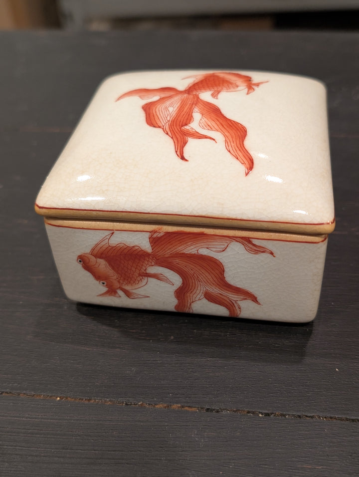 HomArt porcelain keepsake box with hand-painted orange goldfish on lid and side