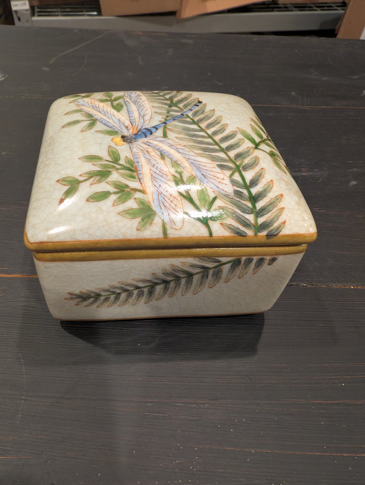 HomArt Morning Fern square porcelain box with crackled ivory glaze and dragonfly on lid