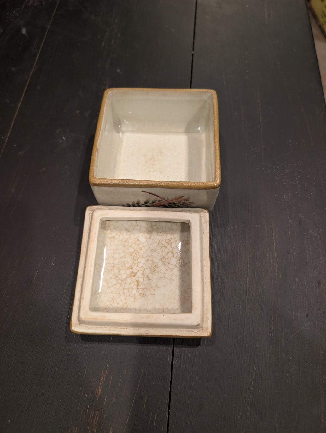 HomArt Morning Fern porcelain keepsake box shown open with glazed interior and fitted lid
